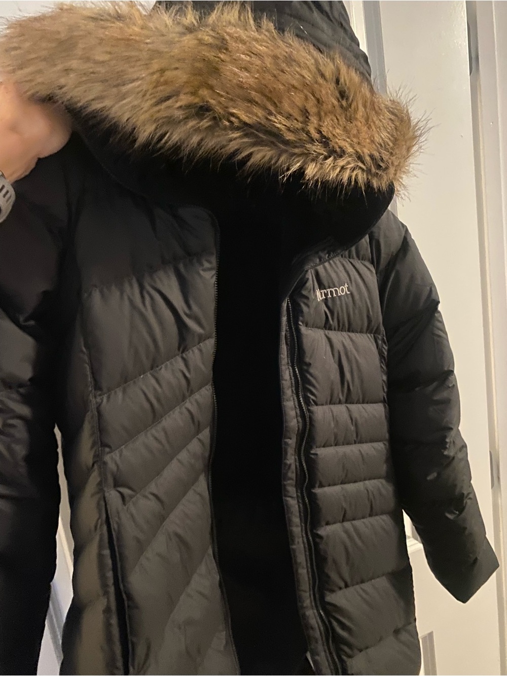 Marmot Black Quilted Down Coat with Faux Fur Trimmed Hood
